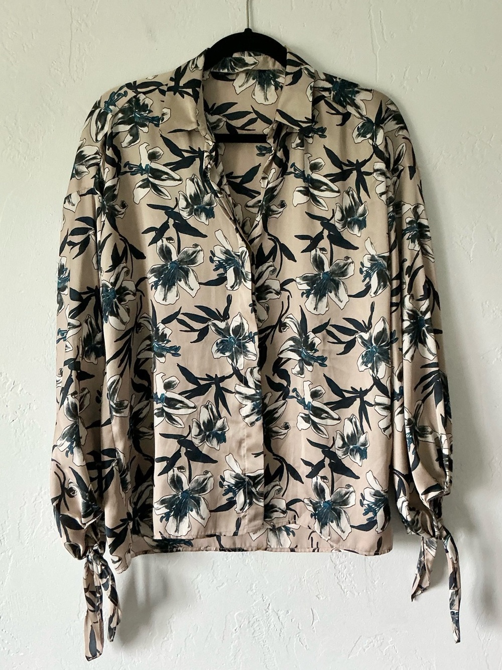 Zara Beige Floral Button-Down Blouse with Wrist Tie Detail